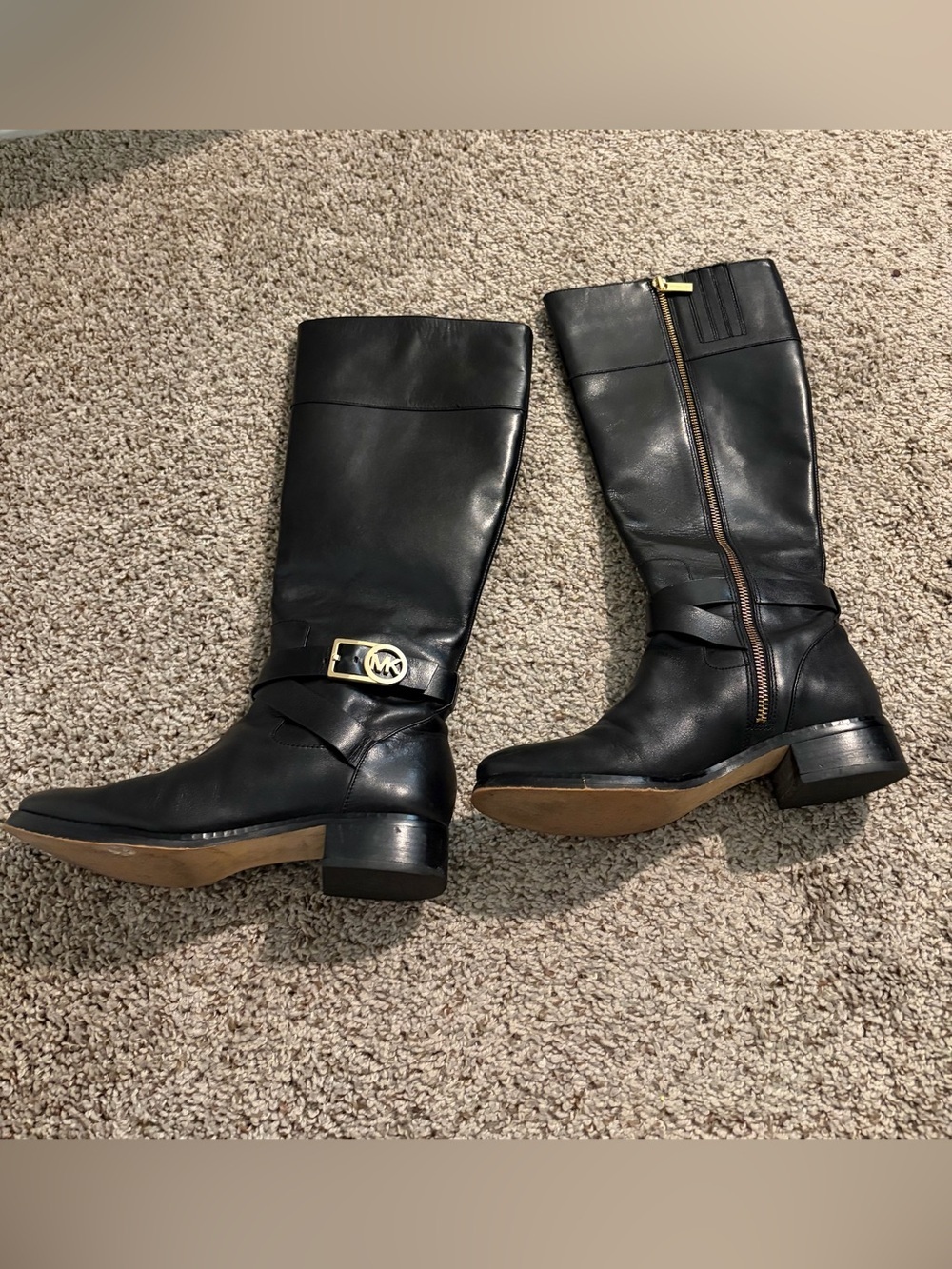 Michael Kors Black Leather Mid-Calf Boots with Gold MK Accent